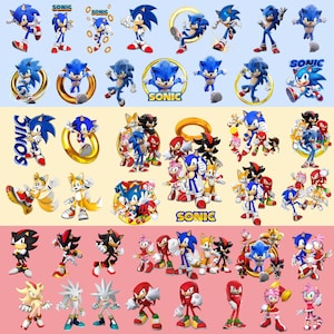 以下が含まれることがあります： ソニック・ザ・ヘッジホッグのキャラクターフィギュアとロゴのカラフルなコレクション。ソニック、テイルス、ナックルズ、エミー・ローズ、シャドウの様々なポーズ、金のリング、そして「SONIC」の文字が特徴です。背景は青、黄色、ピンクのセクションに分かれています。