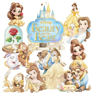Puede incluir: Ilustración de personajes de "La Bella y la Bestia" de Disney. Se muestra a Bella con un vestido amarillo, la Bestia, Lumière y Ding-Dong. El título "Beauty and the Beast" se muestra en un diseño azul y dorado.