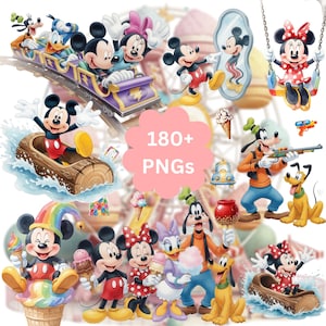 Könnte beinhalten: Eine Sammlung farbenfroher Aquarellillustrationen mit Disney-Charakteren. Micky Maus, Minnie Maus, Donald Duck und Goofy werden in verschiedenen Szenen dargestellt, darunter eine Achterbahn, eine Baumstammfahrt und beim Genießen von Leckereien. Das Bild enthält den Text "180+ PNGs".