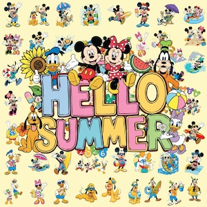 May include: A colorful illustration featuring Mickey Mouse, Minnie Mouse, Donald Duck, Goofy, and Pluto. The phrase "HELLO SUMMER" is displayed in large, multi-colored letters. Various characters are depicted enjoying summer activities.
