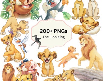 Pacchetto di clipart ad acquerello del Re Leone in formato PNG, clipart del Re Leone, clipart per la festa di compleanno di Simba e amici, simpatici personaggi del Re Leone in formato PNG