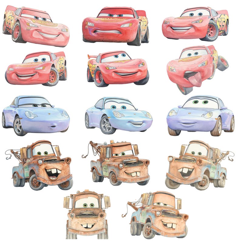 May include: Watercolor illustrations of various cartoon cars, including red race cars and blue and brown vehicles. The cars have smiling faces and are set against a white background. The image features multiple depictions of the same characters.