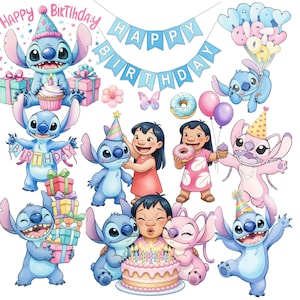 May include: A collection of colorful cartoon illustrations featuring the character Stitch from Lilo & Stitch. The images include birthday cakes, balloons, gifts, and banners with the words "Happy Birthday".