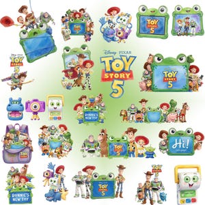 May include: A collection of Disney Pixar Toy Story 5 graphic illustrations featuring Woody, Buzz Lightyear, Jessie, and various characters surrounding green frog-shaped frames, tablets, and toys with the Toy Story 5 logo and text Bonnie's New Toy.