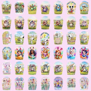 May include: A selection of Easter-themed gift bags with cartoon characters and designs. The bags feature characters such as Snoopy, Disney princesses, and bunnies, with the words "Happy Easter" displayed on some. The bags are colourful and festive.