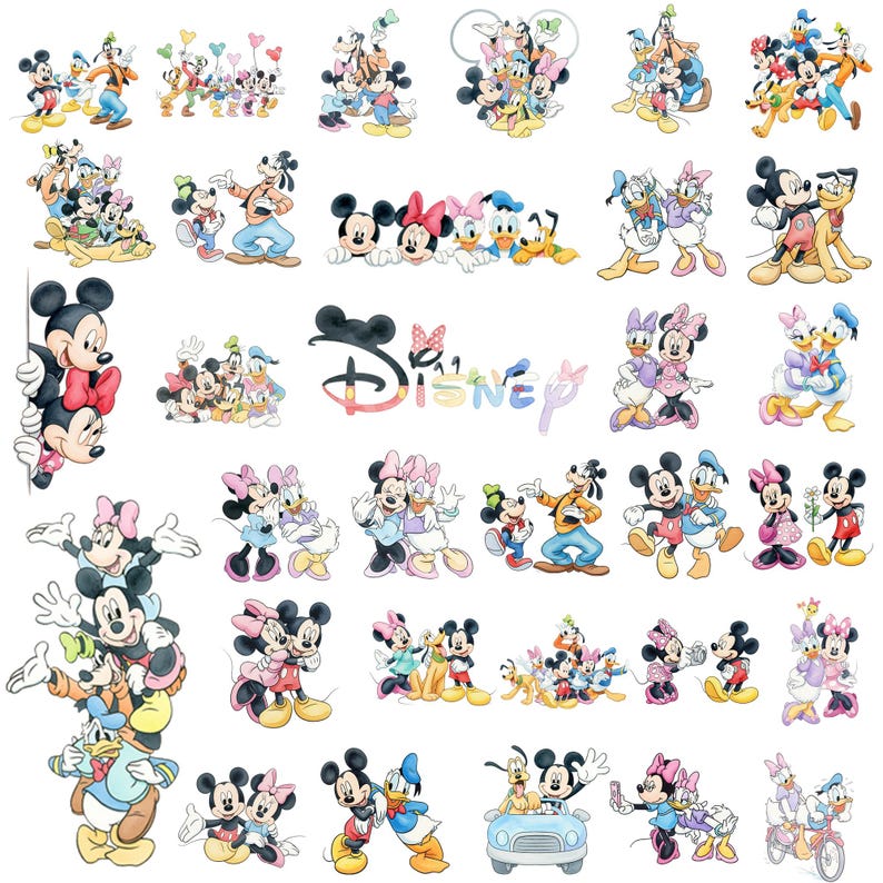 May include: A collection of colorful Disney character illustrations, including Mickey Mouse, Minnie Mouse, Donald Duck, Daisy Duck, Goofy, and Pluto. The images feature various poses and groupings of the beloved cartoon characters.