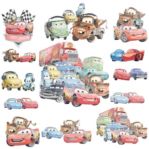 May include: Watercolor illustration featuring various cartoon cars, including Lightning McQueen and Mater. The cars are in different colors, such as red, blue, yellow, and green, and are arranged in a playful composition with a checkered flag.