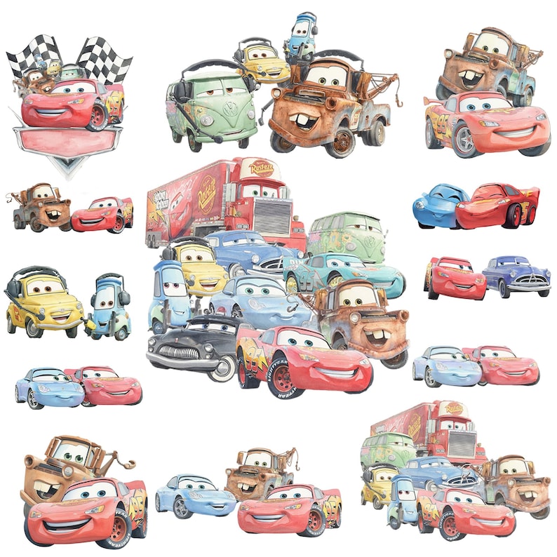 May include: Watercolor illustration featuring various cartoon cars, including Lightning McQueen and Mater. The cars are in different colors, such as red, blue, yellow, and green, and are arranged in a playful composition with a checkered flag.
