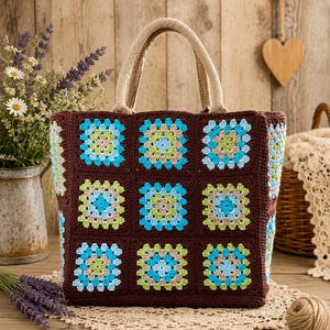 Bolso de crochet Granny Square – Bolso tote boho chic en marrón, azul y beige – Bolso de hombro vintage hecho a mano