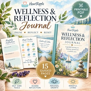 Może przedstawiać: Dziennik Wellness & Reflection Journal marki HeartRipple w formacie PDF do druku z 15 stronami z ćwiczeniami. Okładka przedstawia żaglówkę na jeziorze z górami i kamieniami. Zawiera sekcje do comiesięcznej refleksji i śledzenia nastroju.
