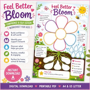 Op de afbeelding: Een Feel Better Bloom werkblad voor zelfvertrouwen bij kinderen met een grote bloemtekening met lege bloemblaadjes en wortels om in te vullen, omringd door kleurrijke illustraties van een zon, bij, vlinders en bloemen op een witte achtergrond.