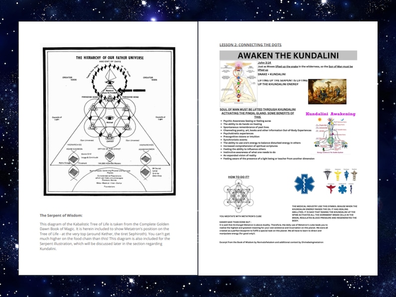 May include: A two-page document titled Lesson 2: Connecting the Dots, featuring a black and white diagram of the Hierarchy of Our Father Universe, text about Kundalini, a medical symbol, and various illustrations of energy centers and spiritual concepts.