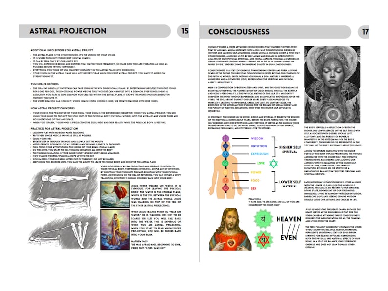 May include: Two pages from a book titled Astral Projection and Consciousness. The pages feature text, diagrams of human energy centers, illustrations of a person astral projecting, a portrait of a person, and an image of Jesus with a sacred heart.