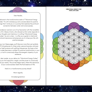 May include: A two-page document titled Vibrational Energy Code -Pure Love Code-. The left page contains a letter to the reader about water and consciousness. The right page features a geometric flower of life pattern with the word LOVE in circles.
