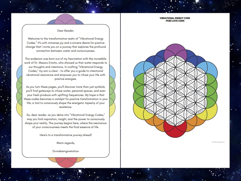 May include: A two-page document titled Vibrational Energy Code -Pure Love Code-. The left page contains a letter to the reader about water and consciousness. The right page features a geometric flower of life pattern with the word LOVE in circles.