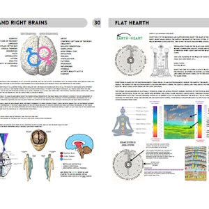 May include: Two pages of educational text and diagrams titled Left and Right Brains and Flat Hearth. The content includes anatomical illustrations of the human brain, chakra charts, circular geometric diagrams, and text explaining concepts.