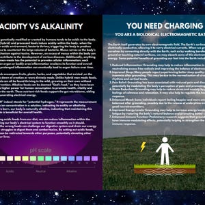 May include: An informational poster titled Acidity vs Alkalinity and You Need Charging. The left side explains pH levels with a color-coded scale from 0 to 14. The right side features a graphic of a person standing on grass with a lightning bolt icon.