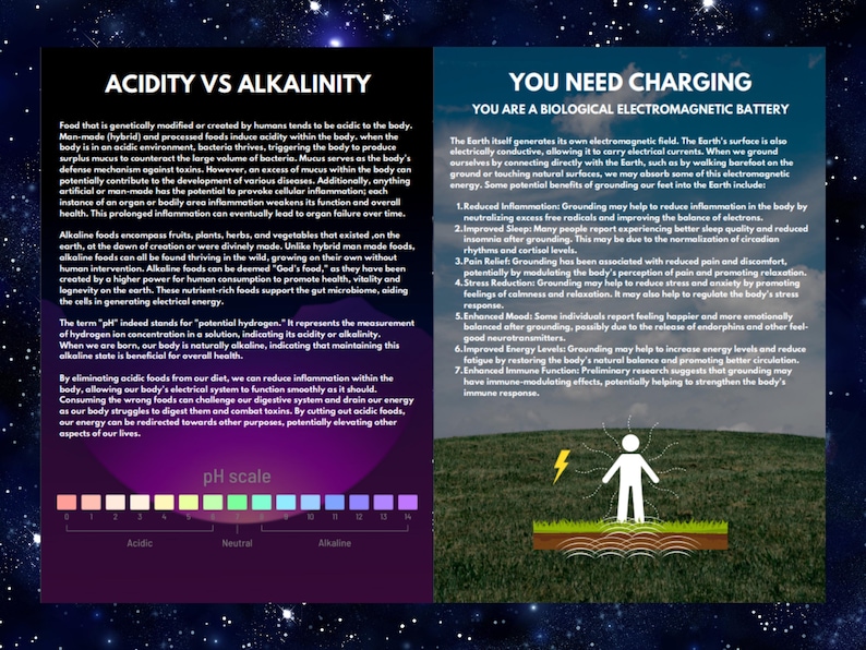 May include: An informational poster titled Acidity vs Alkalinity and You Need Charging. The left side explains pH levels with a color-coded scale from 0 to 14. The right side features a graphic of a person standing on grass with a lightning bolt icon.