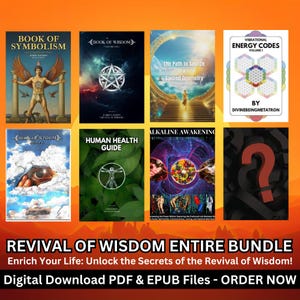 May include: Eight book covers are displayed, including titles like "Book of Symbolism" and "Human Health Guide." The designs vary, featuring images like a winged figure, a pentagram, and geometric shapes. The text "Revival of Wisdom Entire Bundle" is at the bottom, with a call to "Enrich Your Life."
