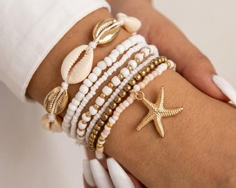 Beaded Bracelet Stack with Cowrie Shell & Starfish Charm | Boho Beach Jewelry, Summer Gift