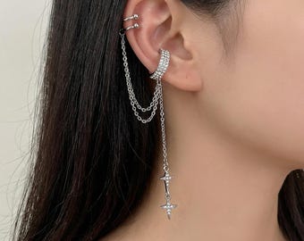 Pendiente de plata con cadena – Conjunto de pendientes de cristal y cadena drapeada, estilo celestial moderno