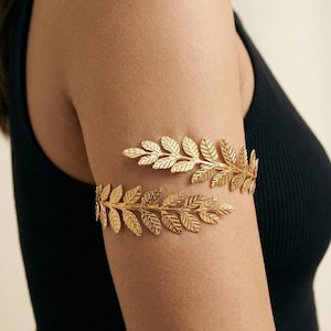 Leaf Upper Arm Cuff – Gold and Silver Tone Botanical Armband with Open Wrap Design for Women