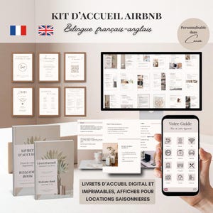 Peut inclure: Un ensemble de kits de bienvenue Airbnb bilingues français-anglais. L'image présente des panneaux encadrés, des livrets de bienvenue et des guides numériques. Le kit comprend des modèles personnalisables. Un écran d'ordinateur et un smartphone affichent le guide.