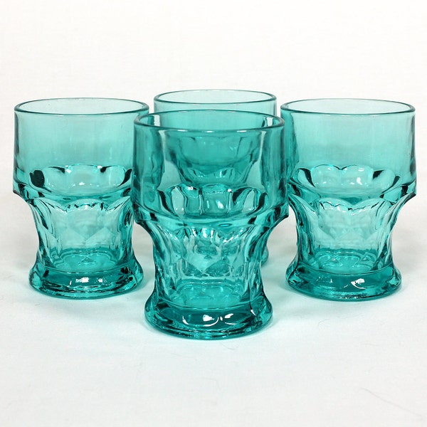 Georgian Blue Tumbler, Set of 4, Aqua Light Blue Pressed Cut Base Glasses