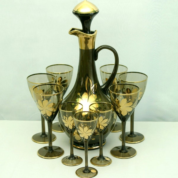 Romanian Glass Decanter Set, Decanter with 6 Wine and 3 Cordial Glasses