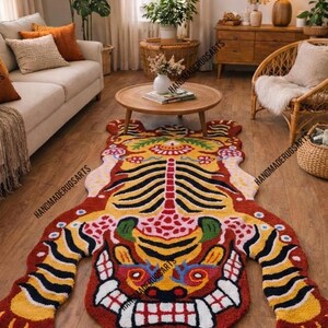 Pink Tibetan Tiger Rug, Hand Tufted Animal Rug, Maximalist Decor, Funky Area Rug for Bedroom, Boho Living Room Carpet, Custom Size Red