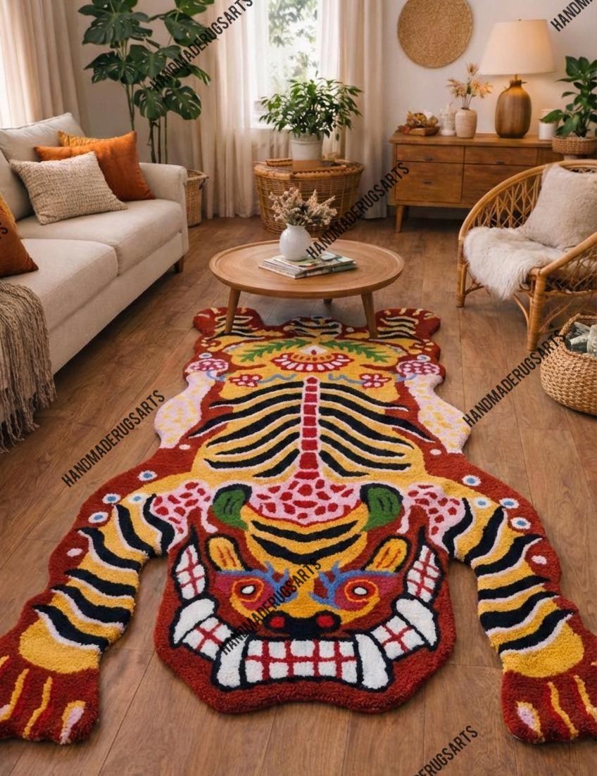 Pink Tibetan Tiger Rug, Hand Tufted Animal Rug, Maximalist Decor