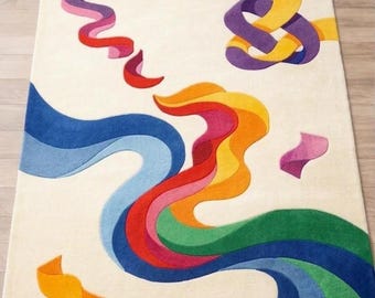 Handmade Abstract Wavy Rug Retro Psychedelic Wave Rug Colorful Amoeba Design Area Rug Irregular Shape Abstract Carpet Funky Rug for Living