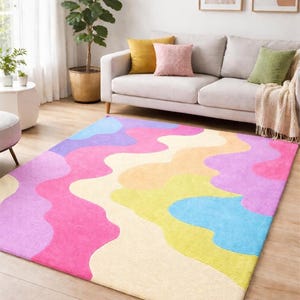 Colorful Abstract Tufted Rug Pastel Wavy Modern Area Rug, Funky Aesthetic Living Room Carpet, Soft Kids Room Decor, Contemporary Home Accent