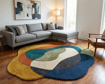 Handmade Abstract Wavy Wool Rug Irregular Organic Shape Area Rug Modern Multicolor Tufted Carpet Mid Century Modern Floor Art Custom Size