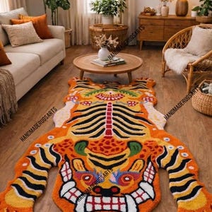 Pink Tibetan Tiger Rug, Hand Tufted Animal Rug, Maximalist Decor, Funky Area Rug for Bedroom, Boho Living Room Carpet, Custom Size Orange