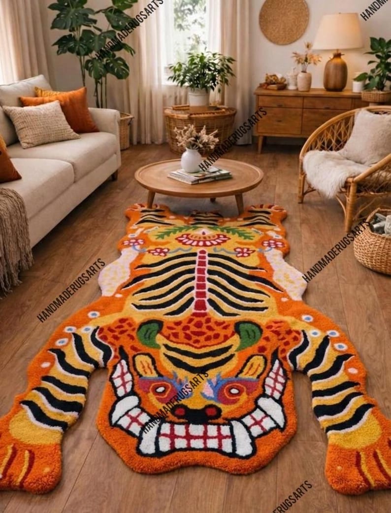 Pink Tibetan Tiger Rug, Hand Tufted Animal Rug, Maximalist Decor, Funky Area Rug for Bedroom, Boho Living Room Carpet, Custom Size Orange