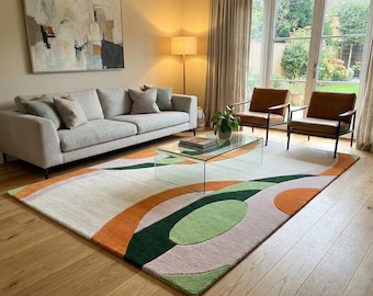 Modern Abstract Wave Rug Retro Green Orange Cream Earth Tone Abstract Hand-Tufted Wool Rug Mid Century Organic Design Area Rug Living Room