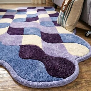 Retro Geometric Wavy Rug Blue Purple Checkerboard Area Rug Modern Abstract Handmade Tufted Rug, Mid Century Home Decor Carpet for Living image 5