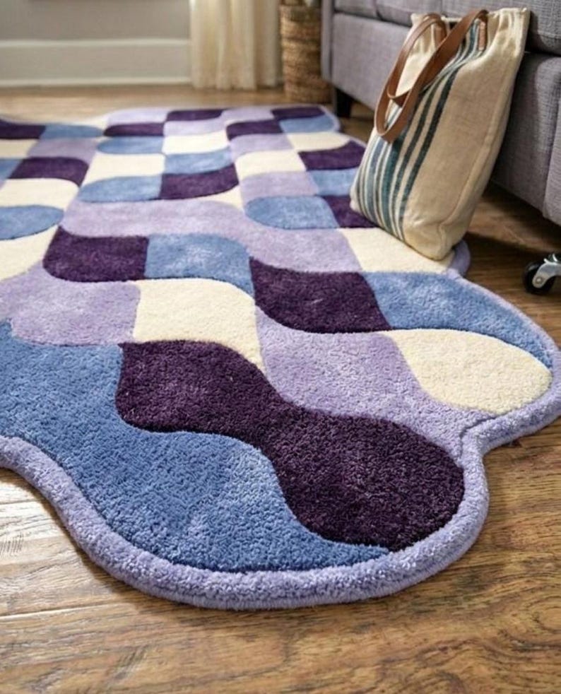 Retro Geometric Wavy Rug Blue Purple Checkerboard Area Rug Modern Abstract Handmade Tufted Rug, Mid Century Home Decor Carpet for Living image 5