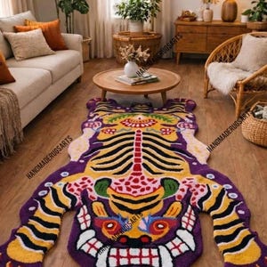 Pink Tibetan Tiger Rug, Hand Tufted Animal Rug, Maximalist Decor, Funky Area Rug for Bedroom, Boho Living Room Carpet, Custom Size Purple