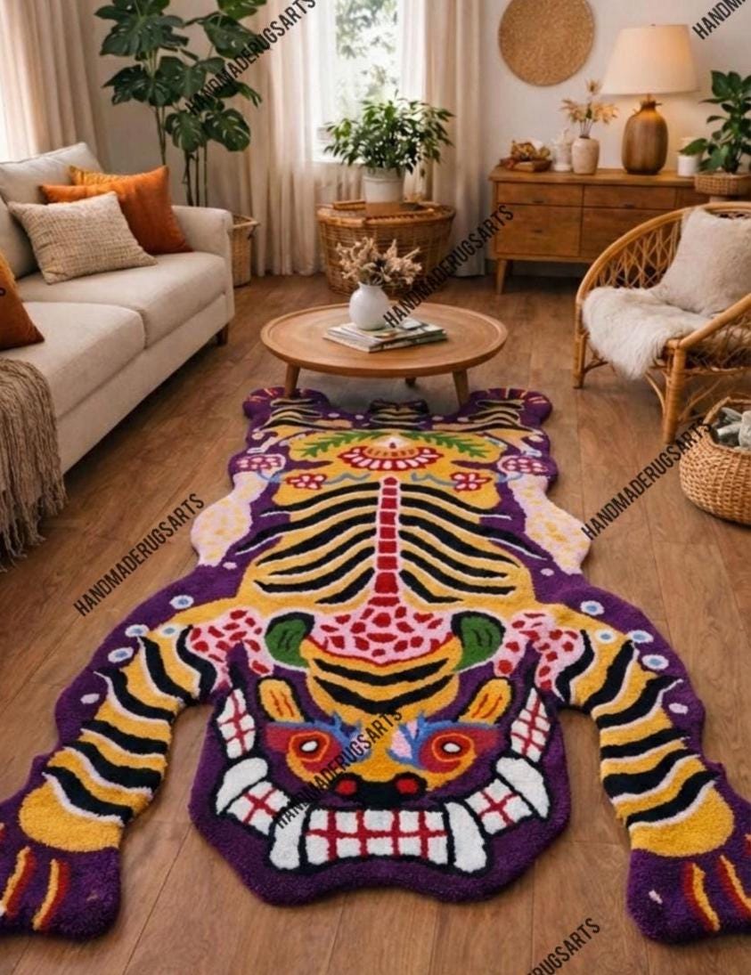 Pink Tibetan Tiger Rug, Hand Tufted Animal Rug, Maximalist Decor