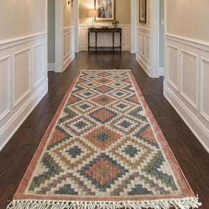 Kilim Stair Runner - Vintage Rustic Home Decor, Handmade Large Jute Hallway Rug, Bohemian Washable Kilim for Indoor or Outdoor Stairs