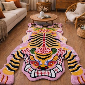 Pink Tibetan Tiger Rug, Hand Tufted Animal Rug, Maximalist Decor, Funky Area Rug for Bedroom, Boho Living Room Carpet, Custom Size image 6