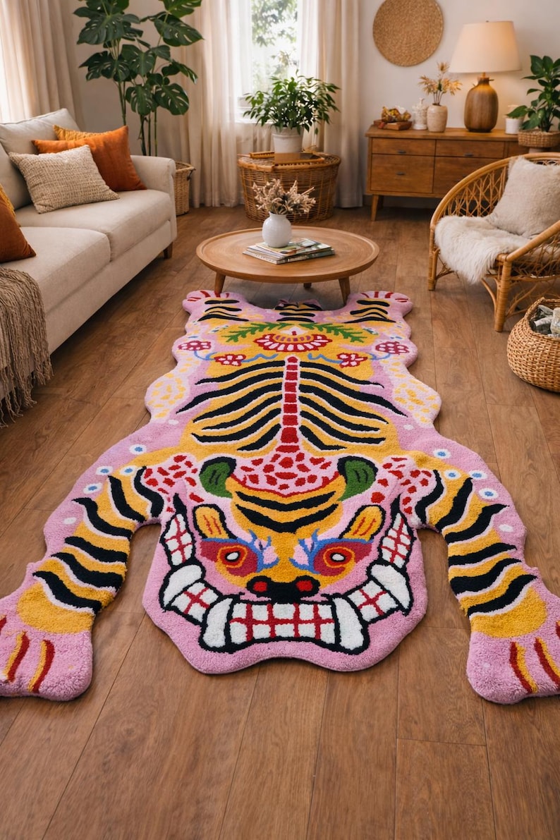Pink Tibetan Tiger Rug, Hand Tufted Animal Rug, Maximalist Decor, Funky Area Rug for Bedroom, Boho Living Room Carpet, Custom Size image 6