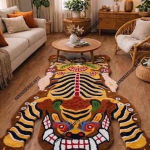 Pink Tibetan Tiger Rug, Hand Tufted Animal Rug, Maximalist Decor, Funky Area Rug for Bedroom, Boho Living Room Carpet, Custom Size Brown