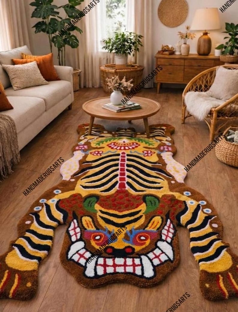 Pink Tibetan Tiger Rug, Hand Tufted Animal Rug, Maximalist Decor, Funky Area Rug for Bedroom, Boho Living Room Carpet, Custom Size Brown