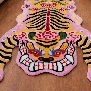 Pink Tibetan Tiger Rug, Hand Tufted Animal Rug, Maximalist Decor, Funky Area Rug for Bedroom, Boho Living Room Carpet, Custom Size image 8