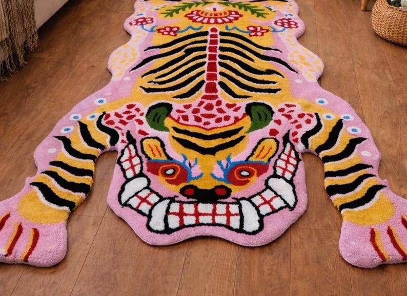 Pink Tibetan Tiger Rug, Hand Tufted Animal Rug, Maximalist Decor, Funky Area Rug for Bedroom, Boho Living Room Carpet, Custom Size image 8