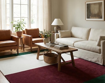 Tappeto moderno in lana annodato a mano, tappeto geometrico annodato a mano, tappeto bordeaux verde bianco, decorazione per pavimenti astratta di metà secolo, dimensioni personalizzate