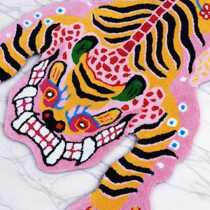 Pink Tibetan Tiger Rug, Hand Tufted Animal Rug, Maximalist Decor, Funky Area Rug for Bedroom, Boho Living Room Carpet, Custom Size image 3